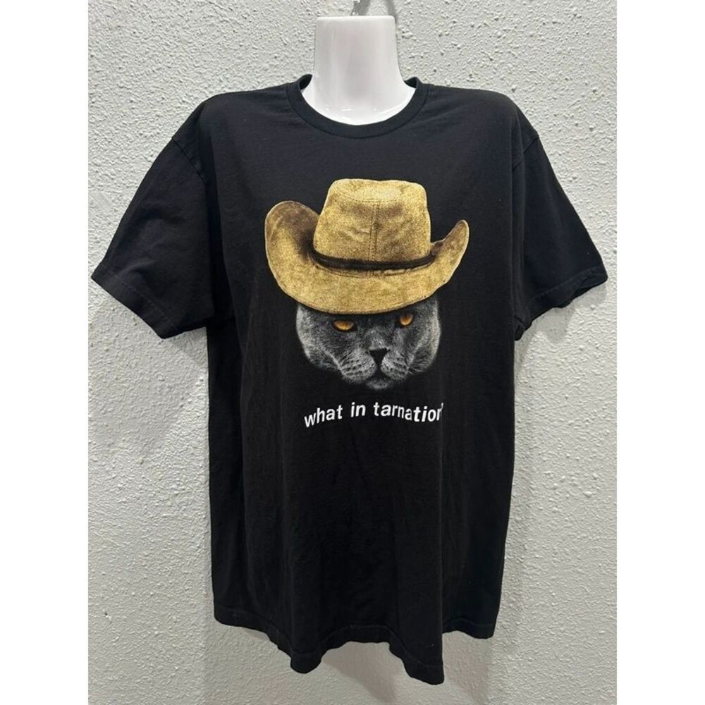 What In Tarnation? Cat T-Shirt Large Black Graphic Tee Kitty Meow Western Rodeo